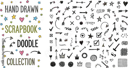 Hand drawn scrapbook doodle collection with arrows stars hearts