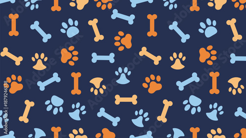 Seamless puppy paw and bone pattern vector on navy blue background for pet accessories and fabric wallpaper