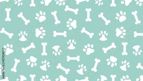 Seamless white dog paw and bone pattern on mint green background for pet shop branding and fabric design