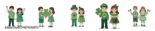 Cute Saint Patricks Day Kids Characters Set Wearing Green Shamrock Outfits