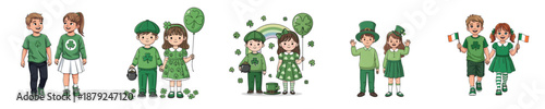 Cute Saint Patricks Day Kids Characters With Shamrock Rainbow And Lucky Symbols