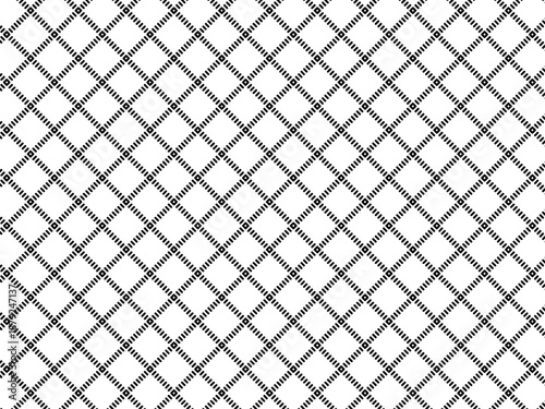 Seamless black and white diamond grid pattern with intersecting diagonal lines creating a geometric background.