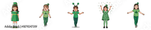 Cute Saint Patricks Day Girl Characters Celebrating Wearing Green Shamrock Outfit