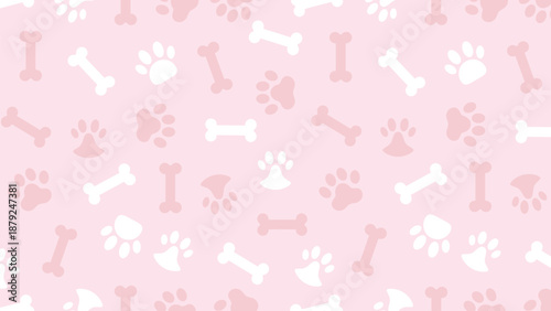 Seamless white dog paw prints and bones pattern on soft pink background. Sweet pet animal wallpaper vector for baby nursery, textile, and feminine branding