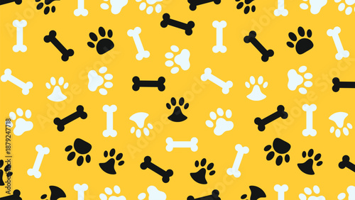 Seamless white and black dog paw prints with bones pattern on yellow background. Vibrant pet animal wallpaper vector for modern textile, nursery, and gift wrap design