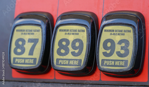 Slika na platnu Close up detail of fuel grade selection buttons including  octane push here at a