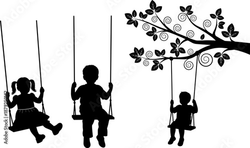 Black silhouette illustration of children playing on swings under a tree branch, symbolizing childhood innocence, playtime, family happiness, imagination, and joyful outdoor moments.