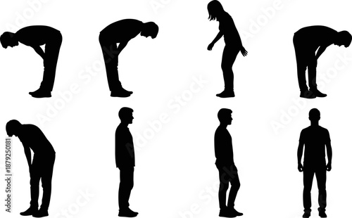 Black silhouette of human figures in various leaning and standing postures, ideal for body language, ergonomics, introspection, and artistic reference design concepts.