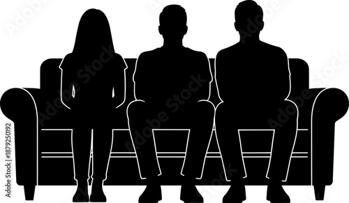 Black silhouette illustration of three people sitting on a couch together, representing family, friendship, togetherness, waiting, interview, cinema, or social gathering concepts.