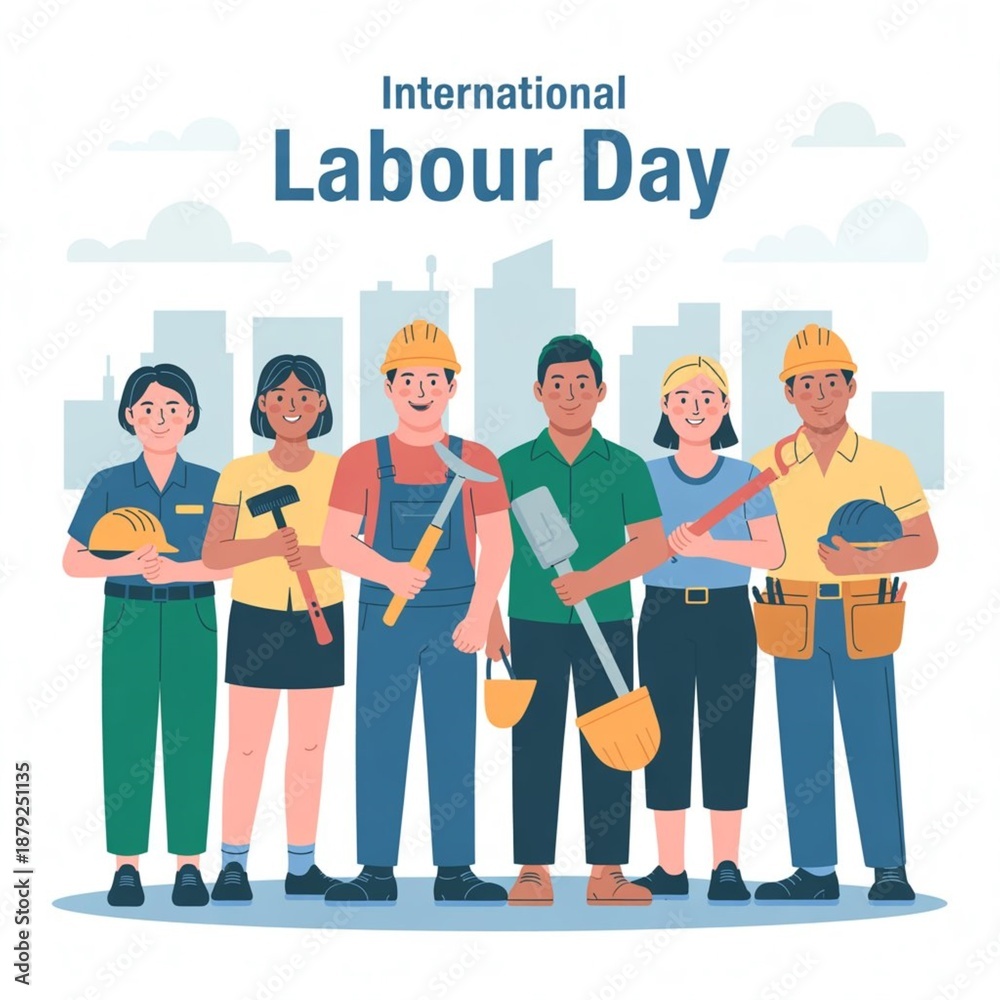 Obraz premium A powerful Labour Day illustration celebrating workers and labor rights, featuring diverse professions, teamwork, solidarity, and industrial elements, expressing respect, dignity
