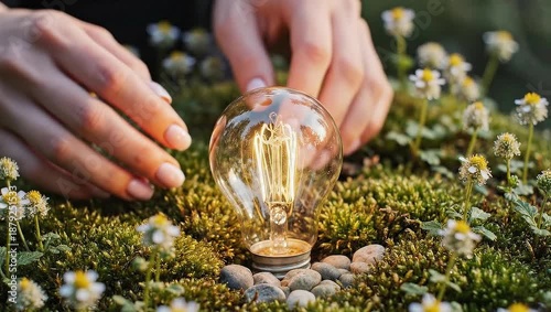 Hands Holding Glowing Light Bulb Above Moss and White Flowers in Natural Outdoor Setting