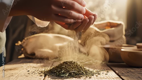 Herbalist Hands Sifting Herbs on Wooden Table in Warm Light