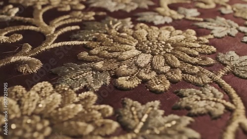 Ornate Floral Embroidery on Burgundy Fabric with Intricate Gold Thread Design