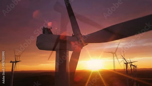 Silhouettes of Wind Turbines Against a Colorful Sunset Sky Over a Vast Horizon