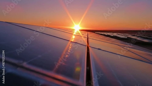 Stunning Sunset Over Solar Panels with Vibrant Sun Rays and Reflections in a Scenic Landscape