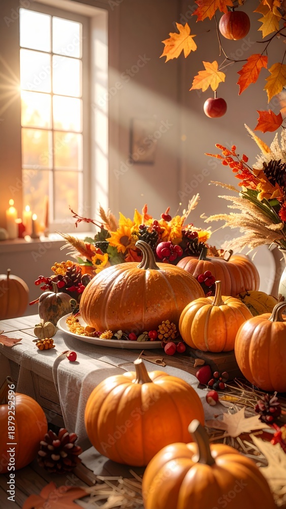 Obraz premium Warm Autumn Glow - A Thanksgiving Feast with Pumpkins and Falling Leaves.
