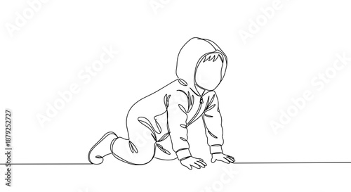 Line drawing of a child in a hoodie crawling on the floor, isolated on a transparent background, playful expression with emphasis on movement and innocence