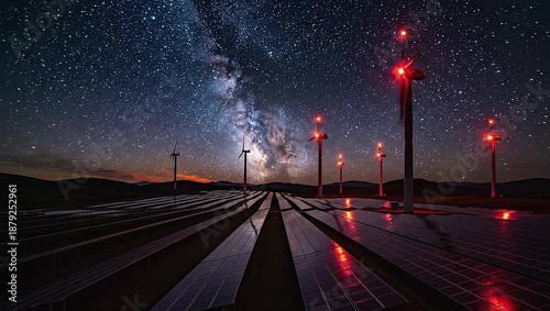 Vibrant Sunset Over Solar Panels and Wind Turbines in a Renewable Energy Landscape