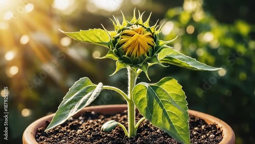 Young Sunflower Plant Sprouting from Soil in a Pot with Sunlight in a Lush Garden Setting