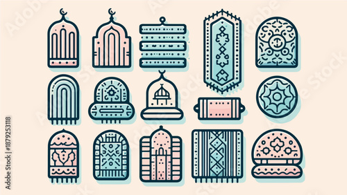 Pastel Islamic Prayer Rug and Arch Icon Set Illustration
