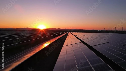 Aerial View of Solar Panels Reflecting Sunset Light in Serene Landscape