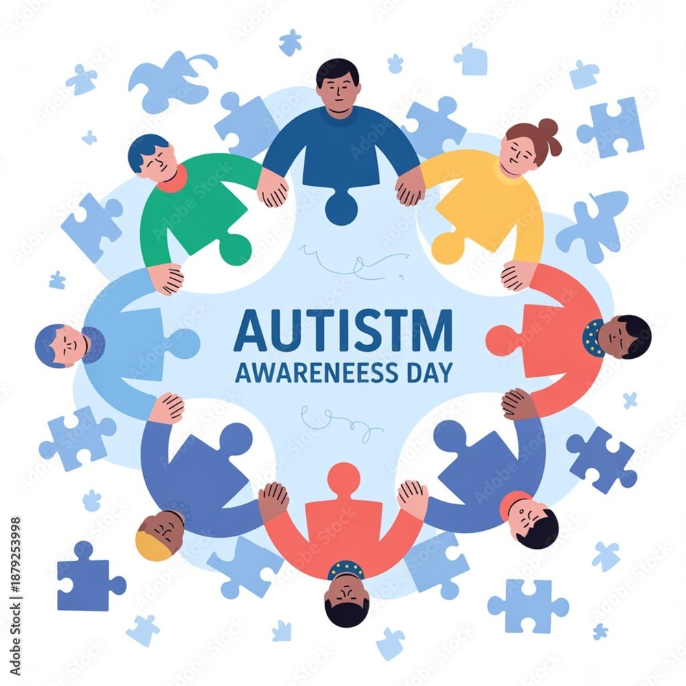 Fototapeta premium An inclusive World Autism Awareness Day illustration symbolizing neurodiversity, support, empathy, and acceptance, featuring puzzle elements, blue tones, diverse people, and a positive, hopeful atmosp