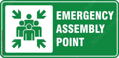 emergency assembly point sign poster label signage isolated printable vector template illustration design.
