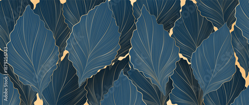 Art background with blue exotic plant leaves and line elements. A botanical banner for decor, prints, wallpaper, textiles, packaging, and interior design.