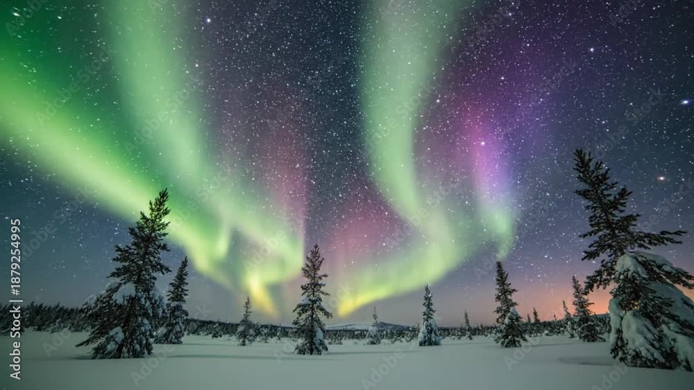 Northern Lights Over Snowy Forest Landscape, Aurora Borealis Dancing in ...