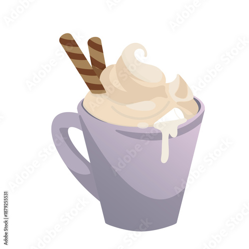 A purple cup filled with creamy whipped cream and topped with two chocolate wafer sticks. The scene conveys a sense of indulgence and dessert enjoyment.
