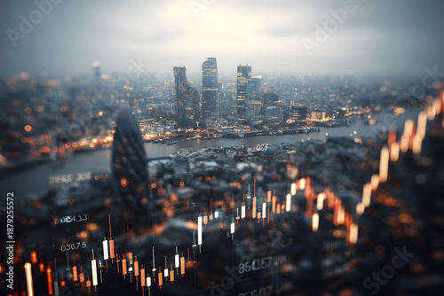 Wallpaper Mural City skyline view with financial data overlay during evening in London with river and buildings visible Torontodigital.ca