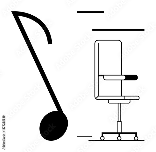 Music, work-life balance, creativity, productivity, ergonomic design, modern simplicity. Bold music note beside an office chair. Music and work-life balance concept