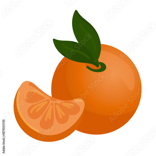 A bright orange citrus fruit with a green leaf and a slice beside it. The fruit is fresh and juicy, ideal for healthy eating and beverages.