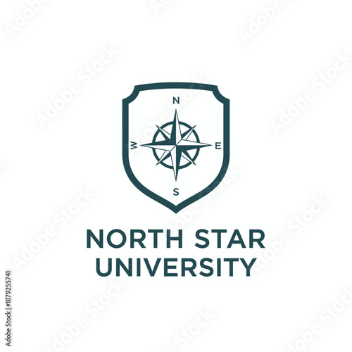 Classic shield emblem with a compass rose icon for higher education institution or academic guidance branding for North Star University.