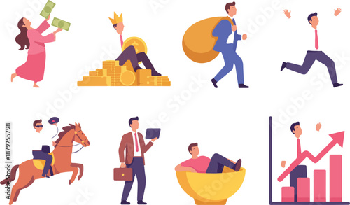 Investment Business Concept Vector Set  Characters Making Money and Growth