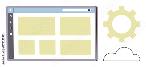 Web development, cloud computing, online tools, digital design, software engineering, web hosting. Browser window visual with gear and cloud. Web development and cloud computing concept