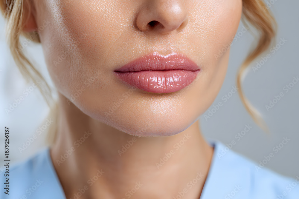 Fototapeta premium Woman showing lips with natural shine in a beauty setting during daylight hours
