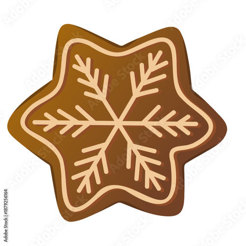 A brown snowflake-shaped cookie with white icing details. The cookie has a festive design, suitable for winter celebrations and holiday treats.