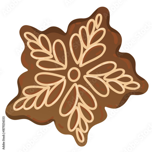 A decorative gingerbread cookie shaped like a snowflake with intricate icing designs. The cookie is brown with white patterns, perfect for holiday celebrations.