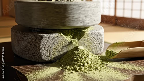 Grinding Tea Leaves With Stone Mill Into Matcha Powder in Japanese Room