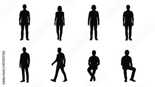 Silhouettes of people in various poses isolated on white background, Vector