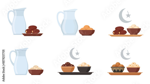 Traditional Ramadan food and drink setup with dates and milk