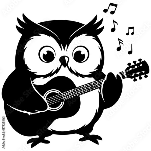 Cute Cartoon Owl Playing Guitar with Musical Notes, Whimsical Bird Character Illustration