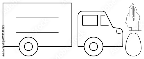 Transportation concept. a truck, an egg, and a head with upward arrows. Transportation linking mobility, innovation, and new ideas. For logistics, growth and creative industries