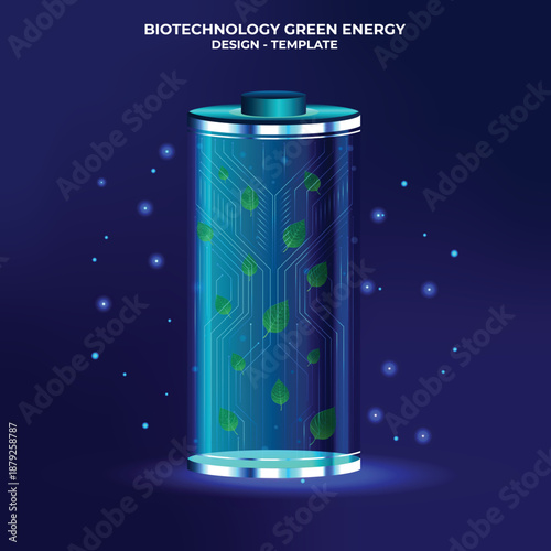 Eco-friendly green energy battery. Sustainable technology and storage. Luminescent battery with tree leaves inside and a circuit board. A solution for sustainability, environmental care. Green Energy