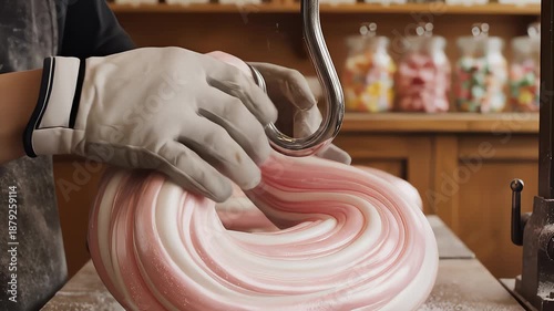 Candy Maker Stretching Pink and White Candy With a Hook Machine