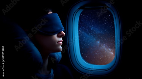 Nighttime Voyage: A person, enveloped in the darkness of the cabin, drifts in slumber, gazing out at the captivating, starlit vista through an airplane window.