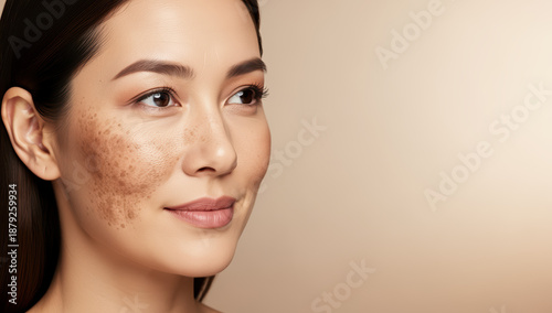 Woman with freckled skin smiling against a neutral background  
