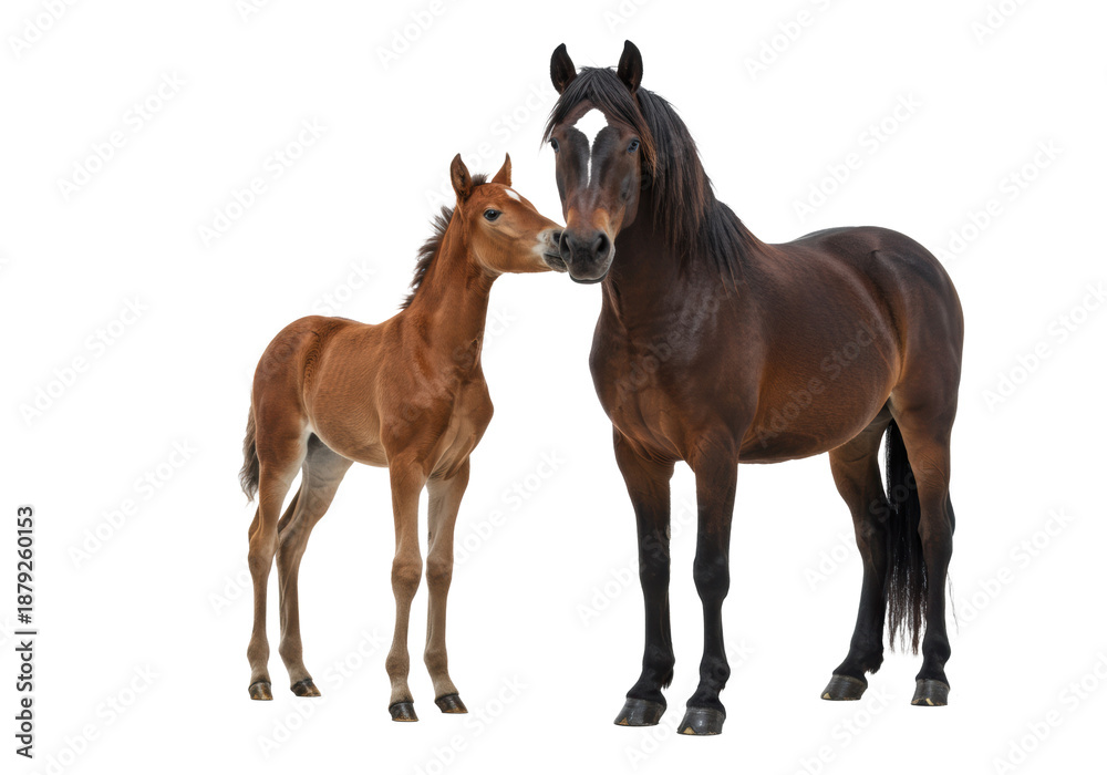 Fototapeta premium Slender bay pony with white stockings and dark bay pony with white blaze, gently interacting on transparent studio background with copy space, concept of equine companionship