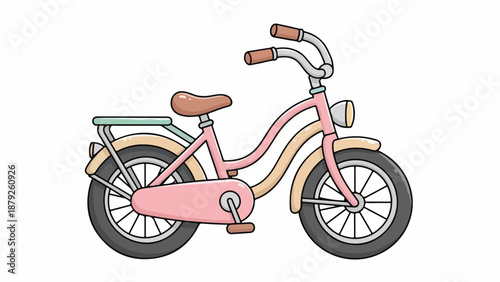 Illustration of a pink children's bicycle with brown accents and a green rack on a white background.